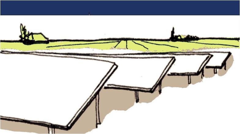 Tekening met op de voorgrond grote zonnepanelen in grondopstelling met een weiland op de achtergrond
