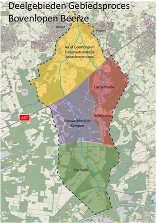 Op de kaart staan de deelgebieden van gebiedsproces Bovenlopen Beerze zoals hiervoor in tekst beschreven staat.