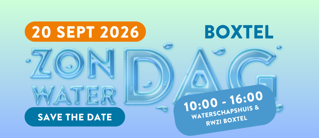 Save the date logo van Zondag Waterdag met datum en tijdstip die ook in de tekst te lezen is.