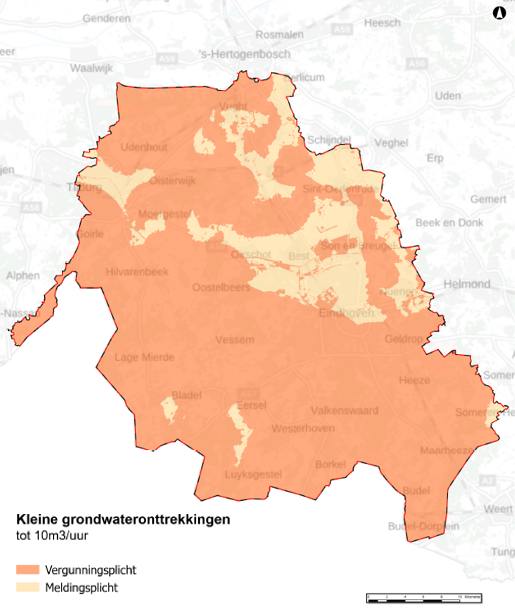 Kaart die aangeeft of je een meldingsplicht of een vergunningsplicht hebt voor kleine grondwateronttrekkingen