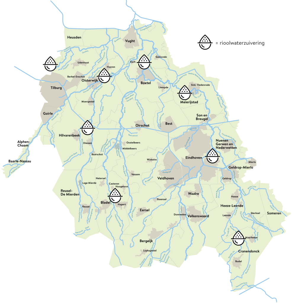 Een kaart van het werkgebied van Waterschap De Dommel. Hierop staan alle gemeenten en staat vermeld waar de rioolwaterzuiveringen liggen. 