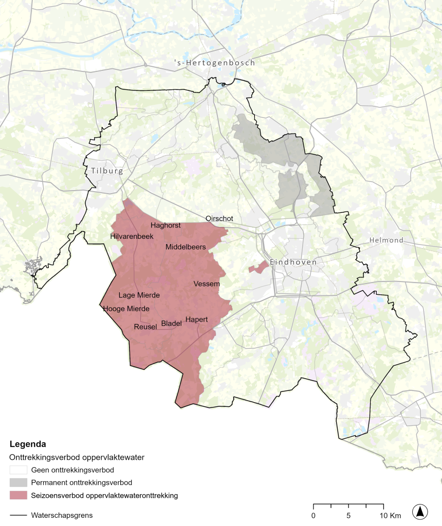 In rood is het stroomgebied van de Beerze en Reusel te zien. En de Nete ten zuiden van het Wilhelminakanaal en Park Meerland in Eindhoven. In de grijze gebieden geldt een permanent verbod voor het pompen van water uit beken en sloten. 