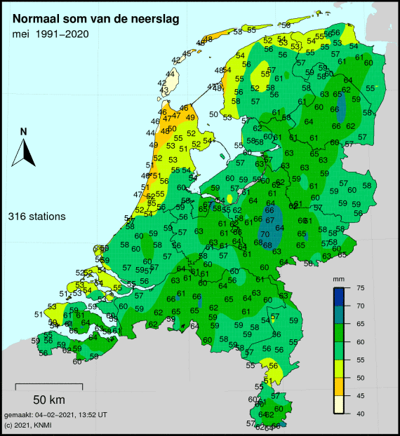 Gemiddelde neerslag mei afgelopen 30 jaar