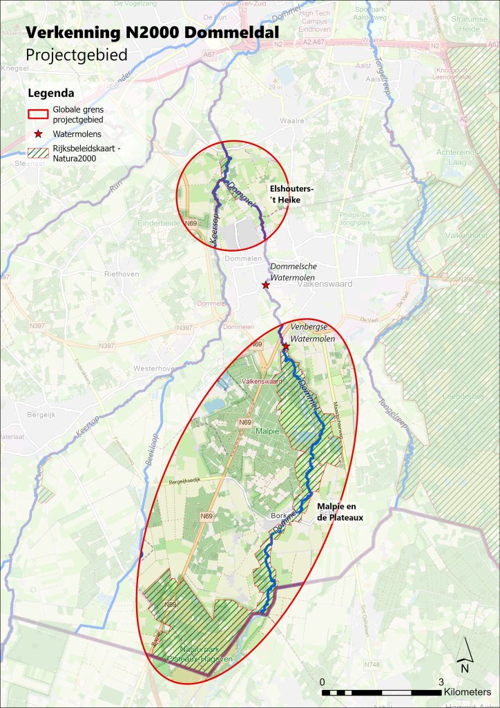 Een kaart van het projectgebied van het Dommeldal