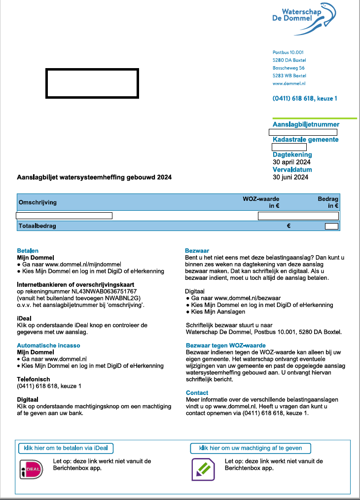 Voorbeeld aanslagbiljet watersysteemheffing 2024 digitaal