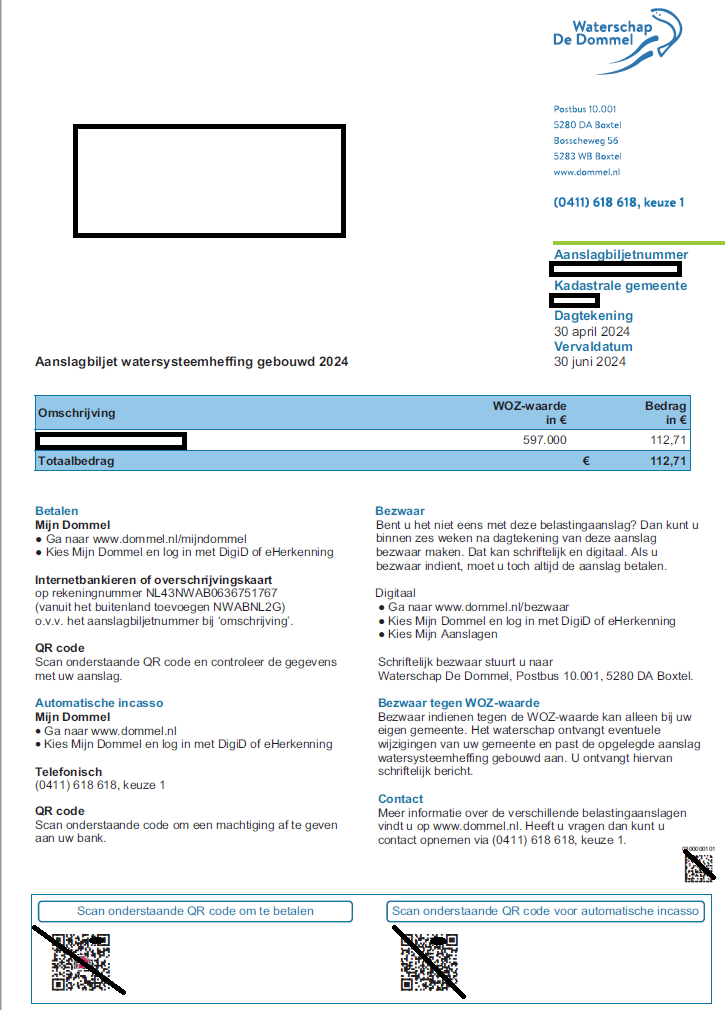 Voorbeeld aanslagbiljet watersysteemheffing 2024