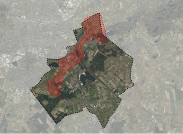 Op een plattegrond is het nieuwe zoekgebied voor energiehub De Baars rood gearceerd