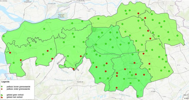 kaart van Brabant met grondwater meetpunten in 10 regios. de meeste meetpunten staan op 1 april 2026 op groen, sommige op rood