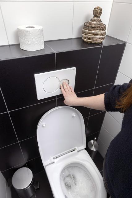 Kleine knop bij toilet wordt ingedrukt