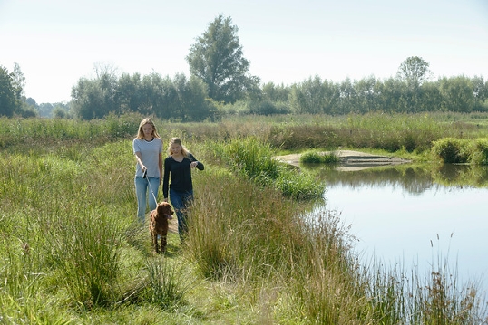 Meisjes en hond langs het water