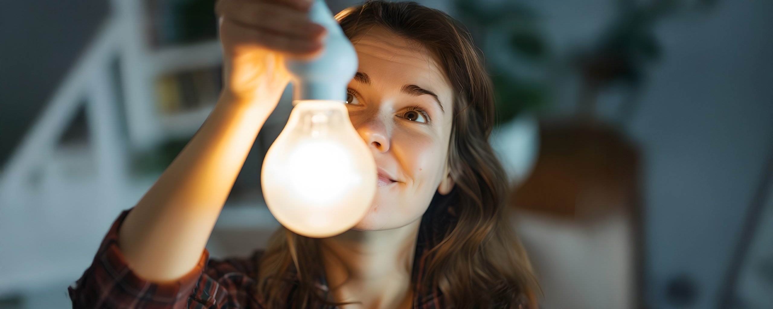 Vrouw vervangt een lamp in de woonkamer