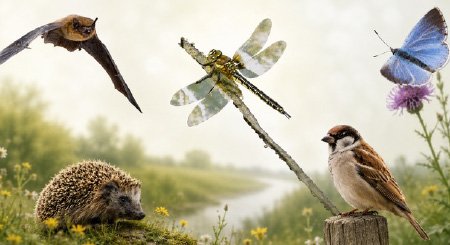 Afbeelding van aantal diersoorten: vleermuis, libelle, egel, huismus, vlinder