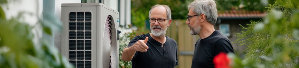 Twee mannen overleggen bij een warmtepomp welke aan de muur van een huis is geplaatst