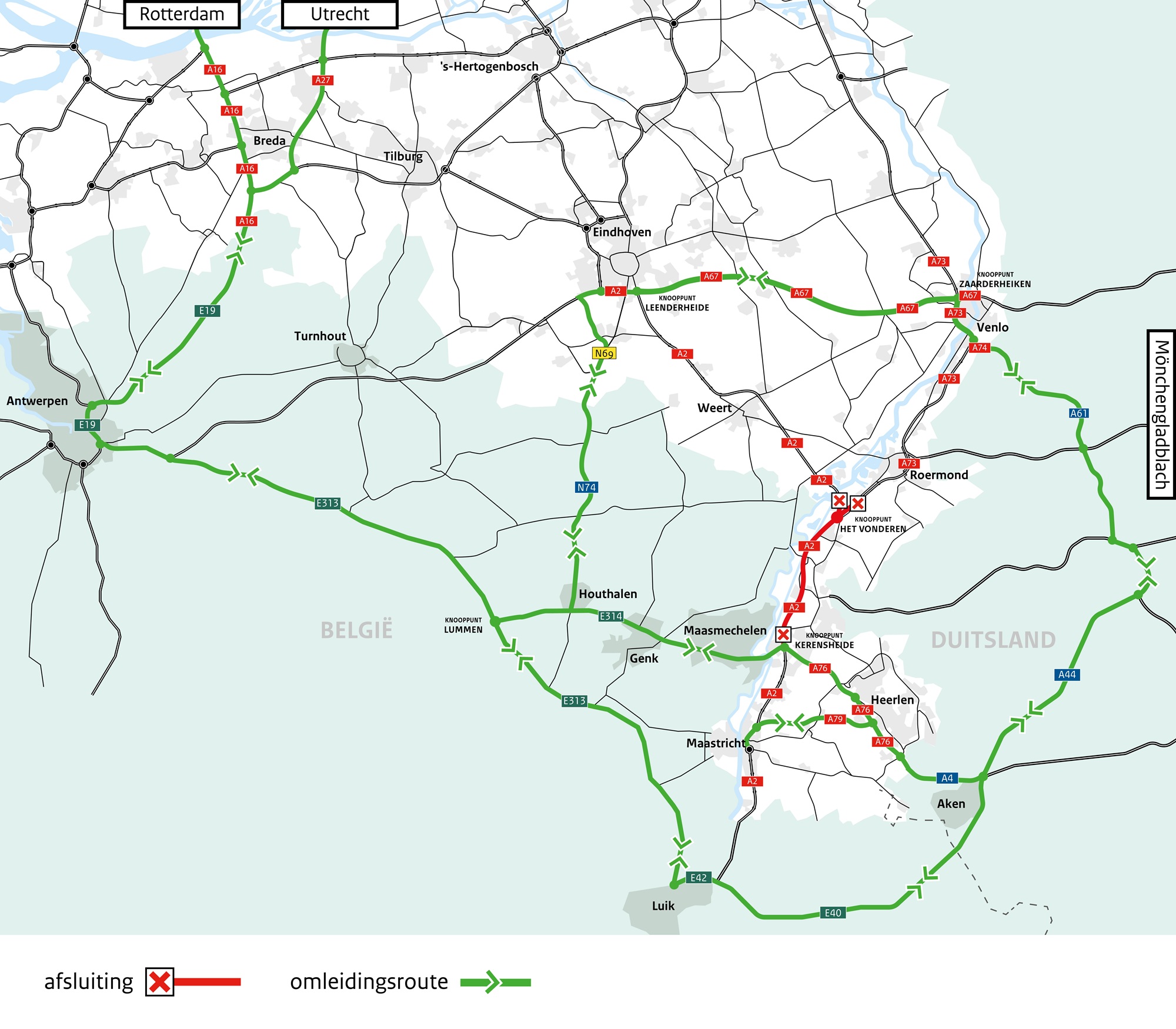 Routekaart omleidingsroutes A2
