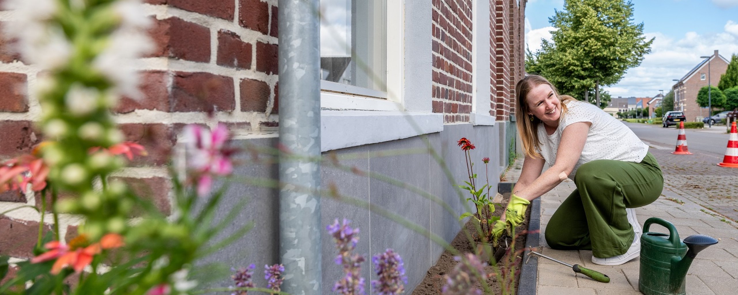 Medewerkers van de gemeente bouwen een geveltuin langs de huisgevel