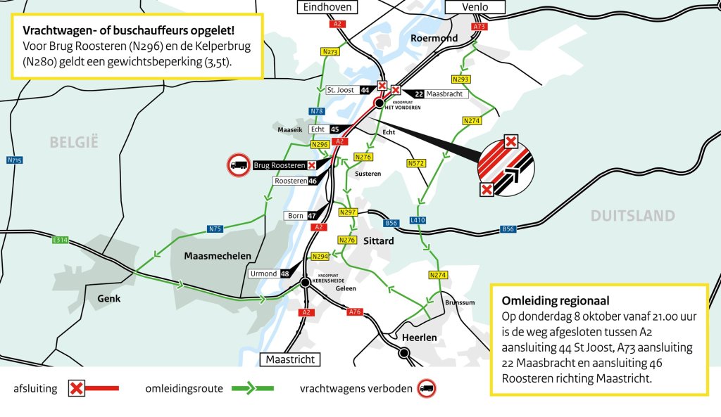 Kaart met omleidingsroute op de A2 bij Echt