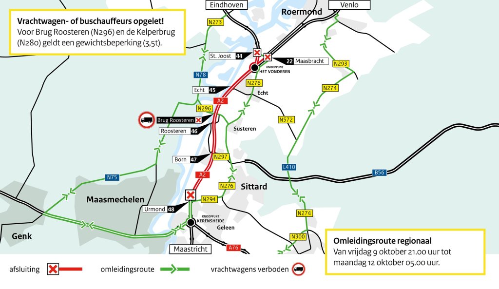 Kaart met omleidingsroute op de A2 bij Echt