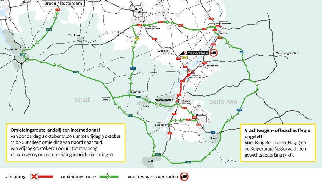 Kaart met omleidingsroute op de A2 bij Echt