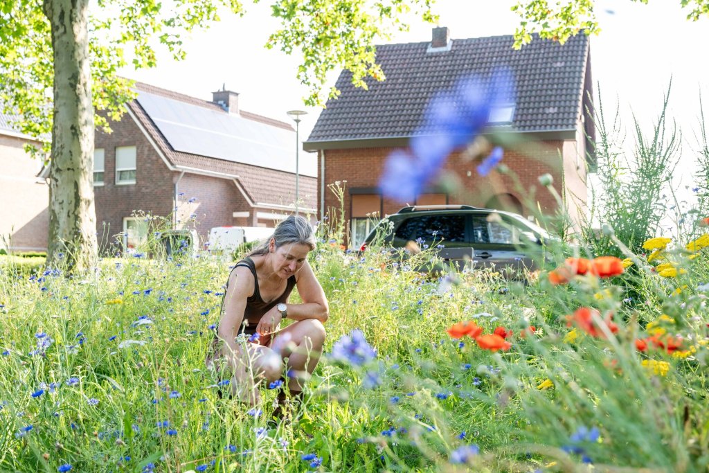 Jonge dame gehurkt tussen de veldbloemen