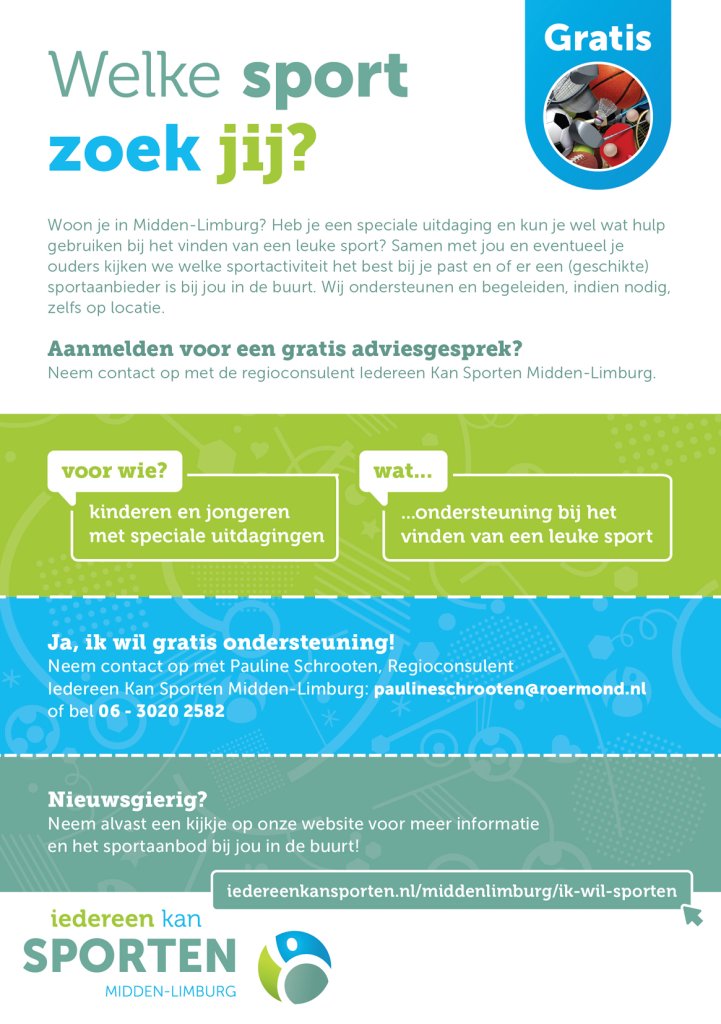 Flyer Sportloket met de titel 'Welke sport zoek jij?'