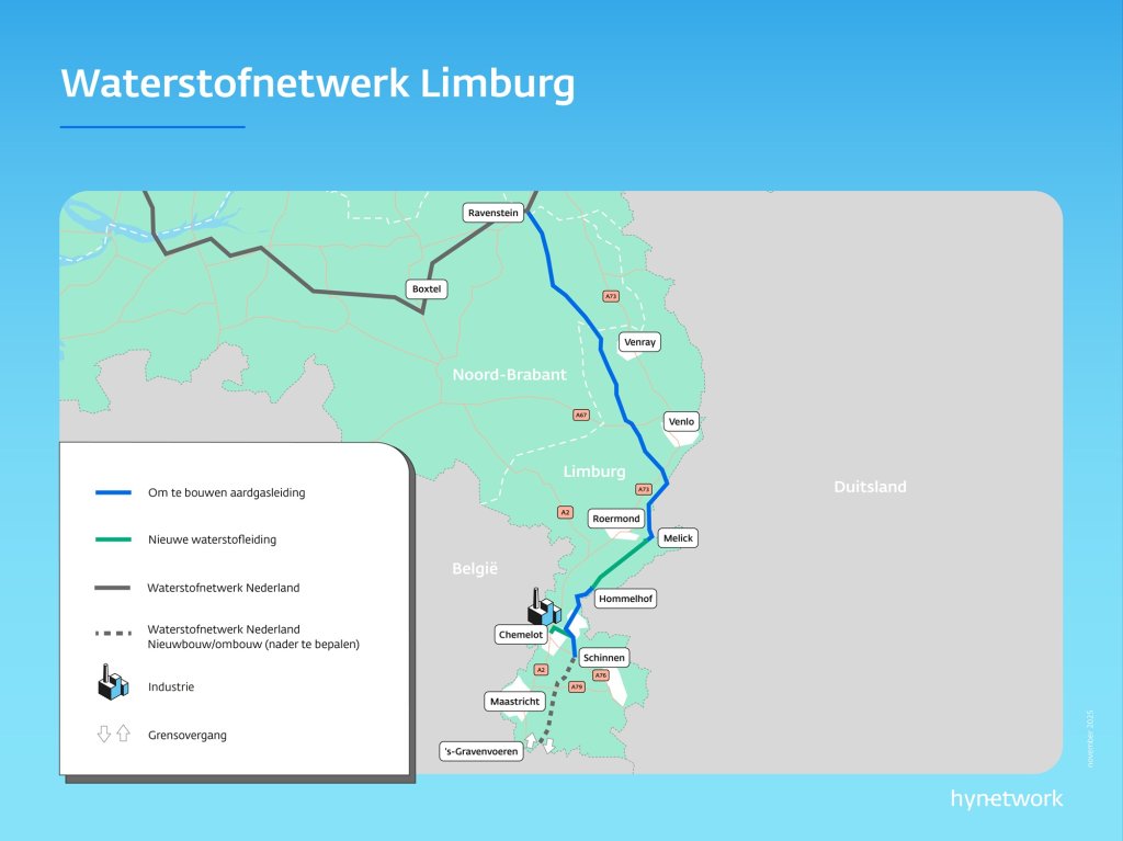 Kaartje met waterstofnetwerk in Limburg
