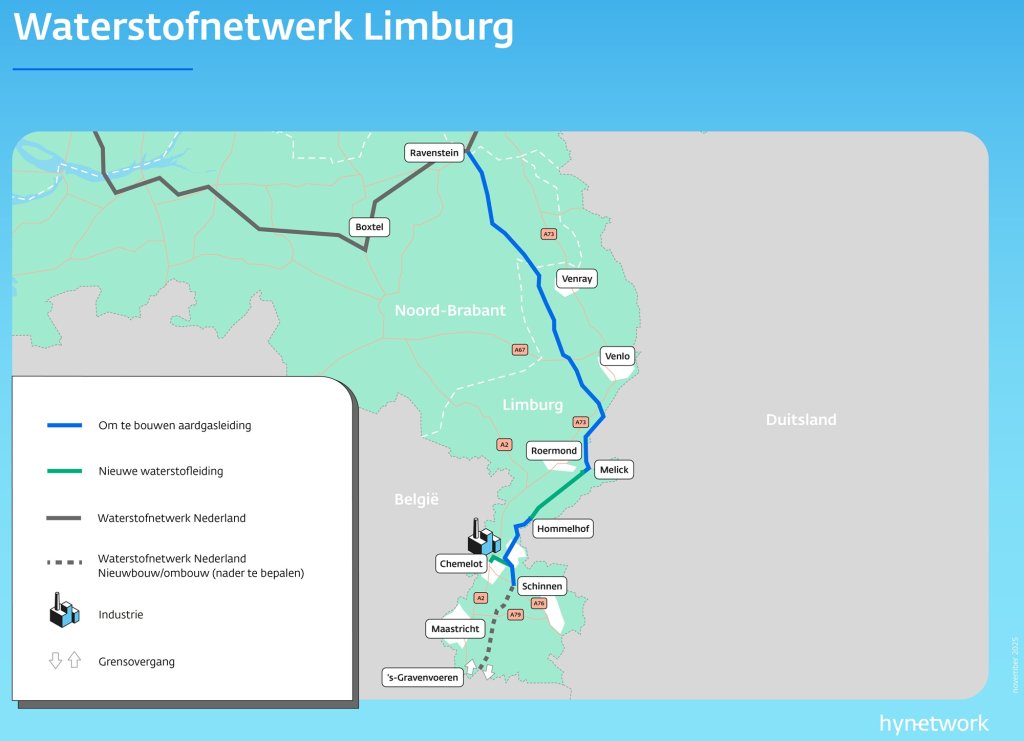 Kaart van waterstofnetwerk Limburg