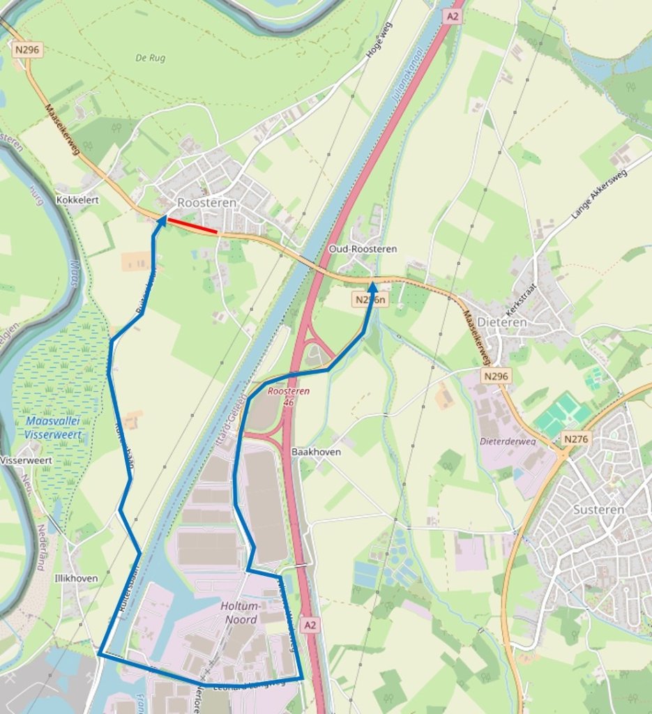 Routekaart met in blauwe lijn aangegeven omleidingsroute