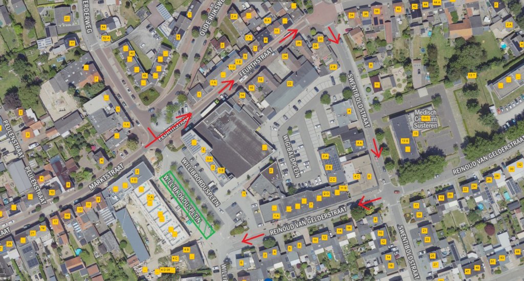 Situatieplattegrond met omleidingsroute rond Willibrordusplein in Susteren