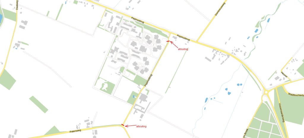 Wegenkaart met aanduiding van plek van wegafsluiting