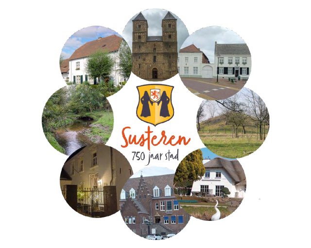 Wapen van Susteren omringt door 8 ronde foto's over Susteren