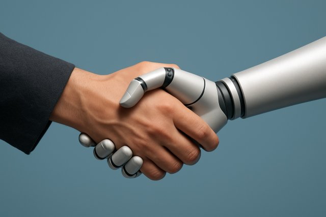 Handdruk van mens en robot