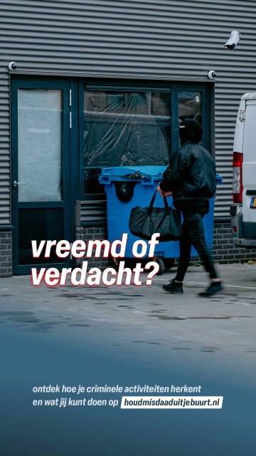 Voorlichtingsposter: gemaskerde man in donkere kleding met tas