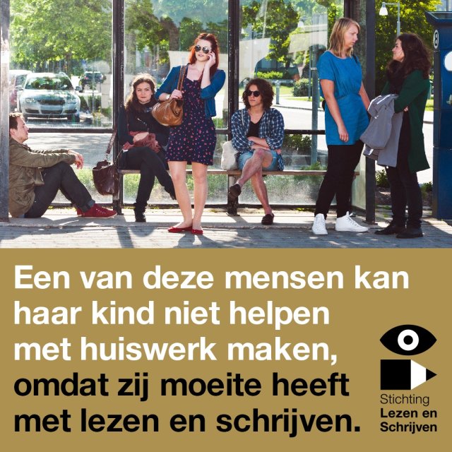 Actieposter over basisvaardigheden met enkele mensen in een bushokje