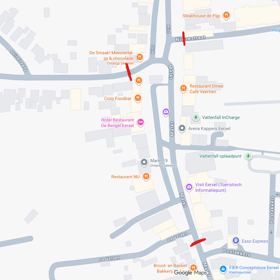 Kaart met daarop aangegeven waar de Markt, Hint en Duizelseweg worden afgesloten tijdens de werkzaamheden