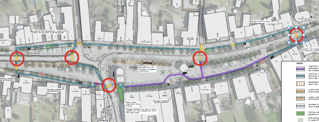 Kaart met daarop aangegeven waar de oversteekplaatsen op de Markt, Hint en Duizelseweg in Eersel zijn.