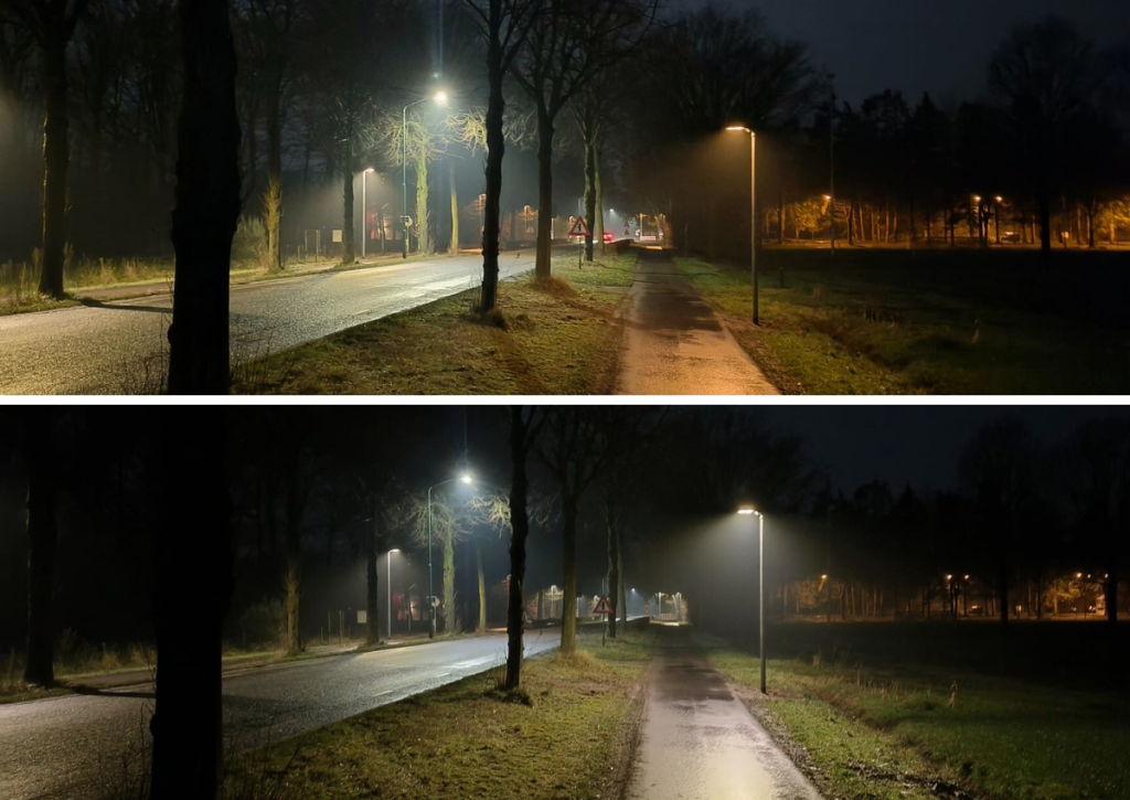 Een collage van twee foto's van het fietspad aan de Merenweg. Op de bovenste foto geeft de straatverlichting warm oranje licht. Op de onderste foto geeft de straatverlichting fel wit licht. 