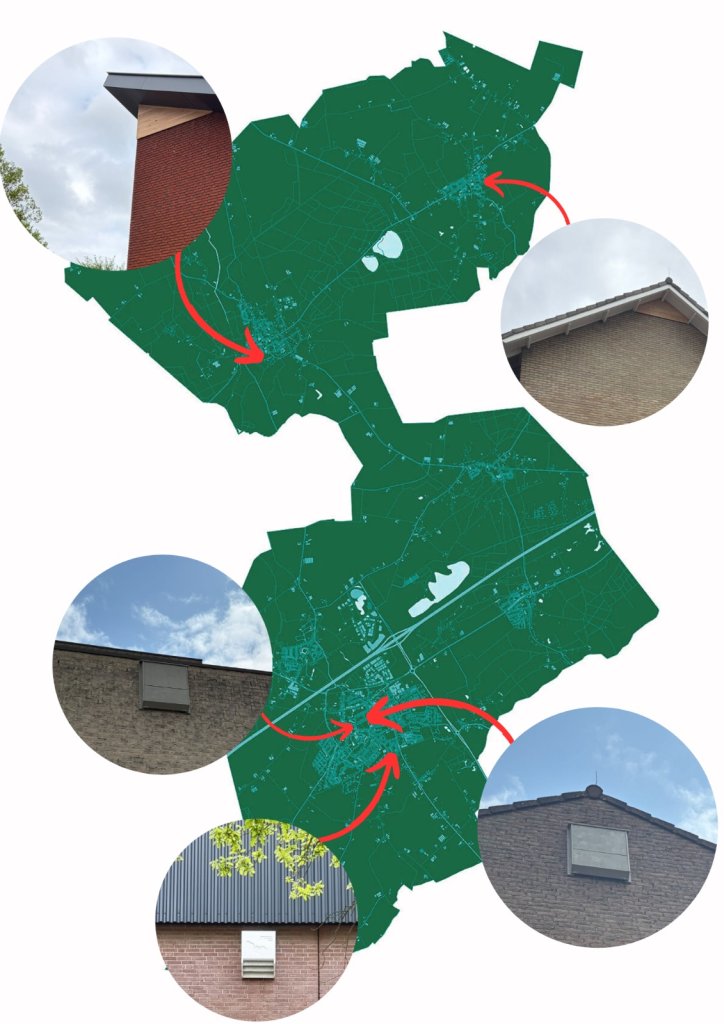 Een afbeelding met daarop aangegeven waar in de gemeente Eersel vleermuiskasten worden geplaatst
