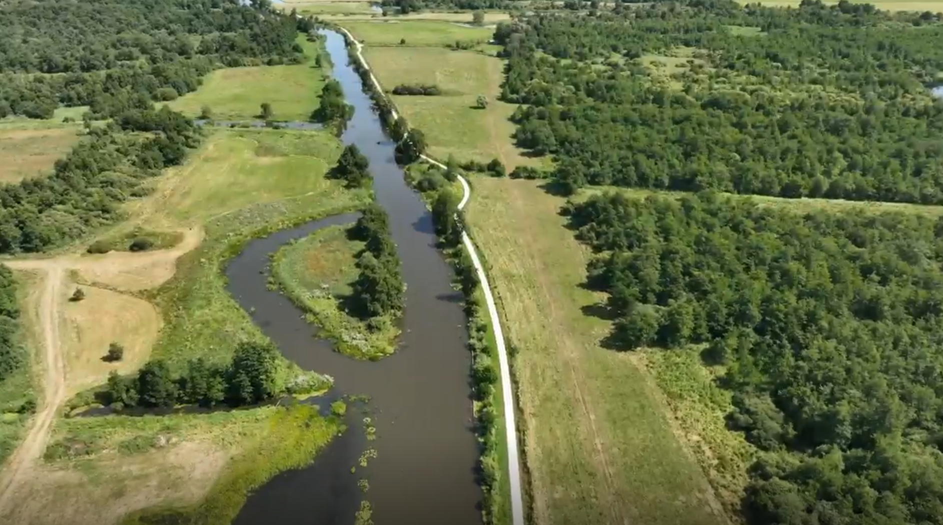Een beek met zijvertakking loopt door een groen weiland. Naast het water loopt een pad.