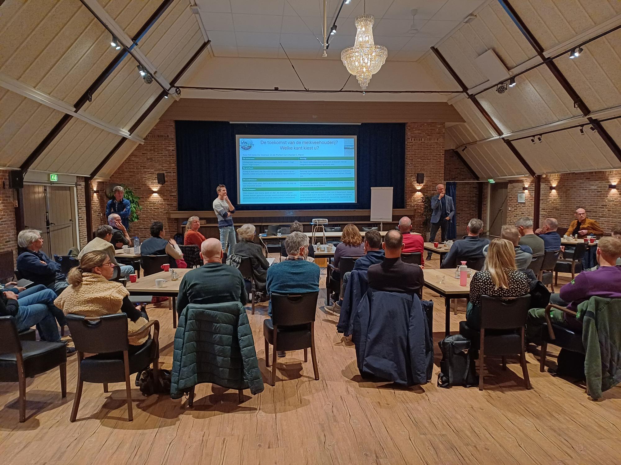 Mensen zitten in een zaal te luisteren naar een presentator die voor een groot scherm staat.