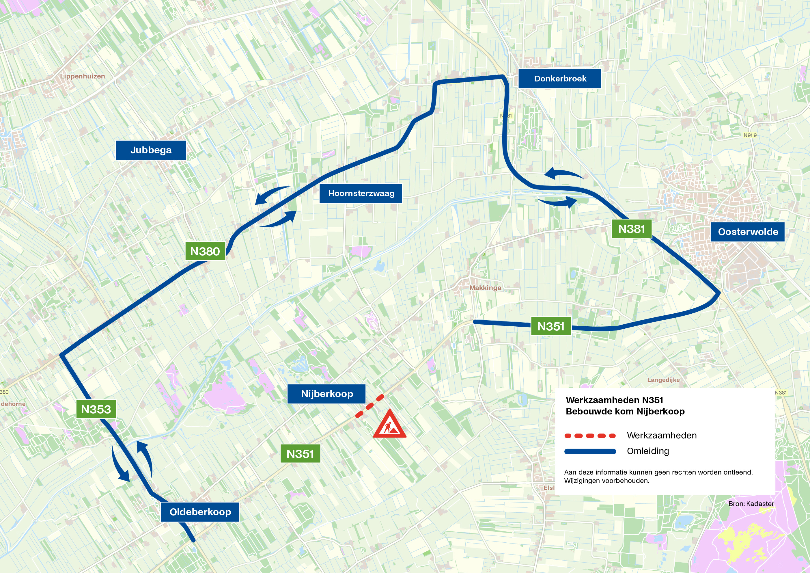 Bovenaanzicht van de omleiding in aaneengesloten lijn. De stippellijn geeft de werkzaamheden aan.