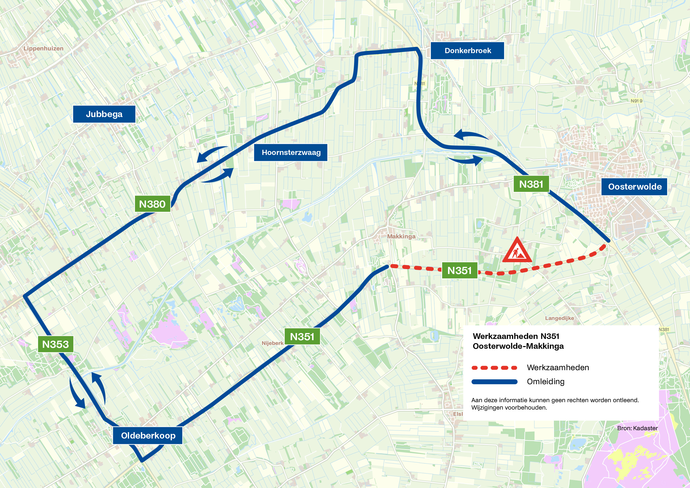 Bovenaanzicht van de omleiding in aaneengesloten lijn. De stippellijn geeft de werkzaamheden aan.