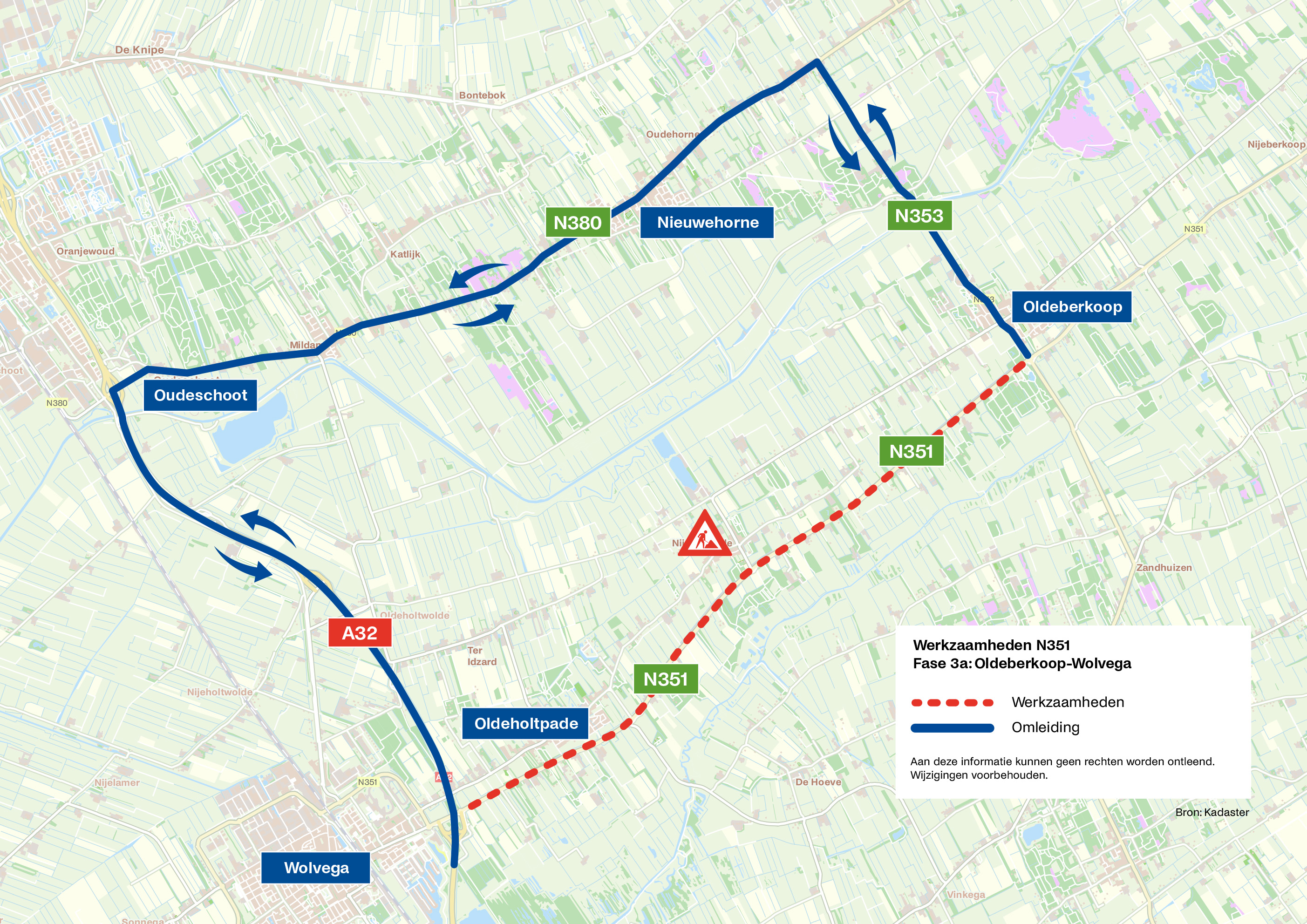 Bovenaanzicht van de omleiding in aaneengesloten lijn. De stippellijn geeft de werkzaamheden aan.