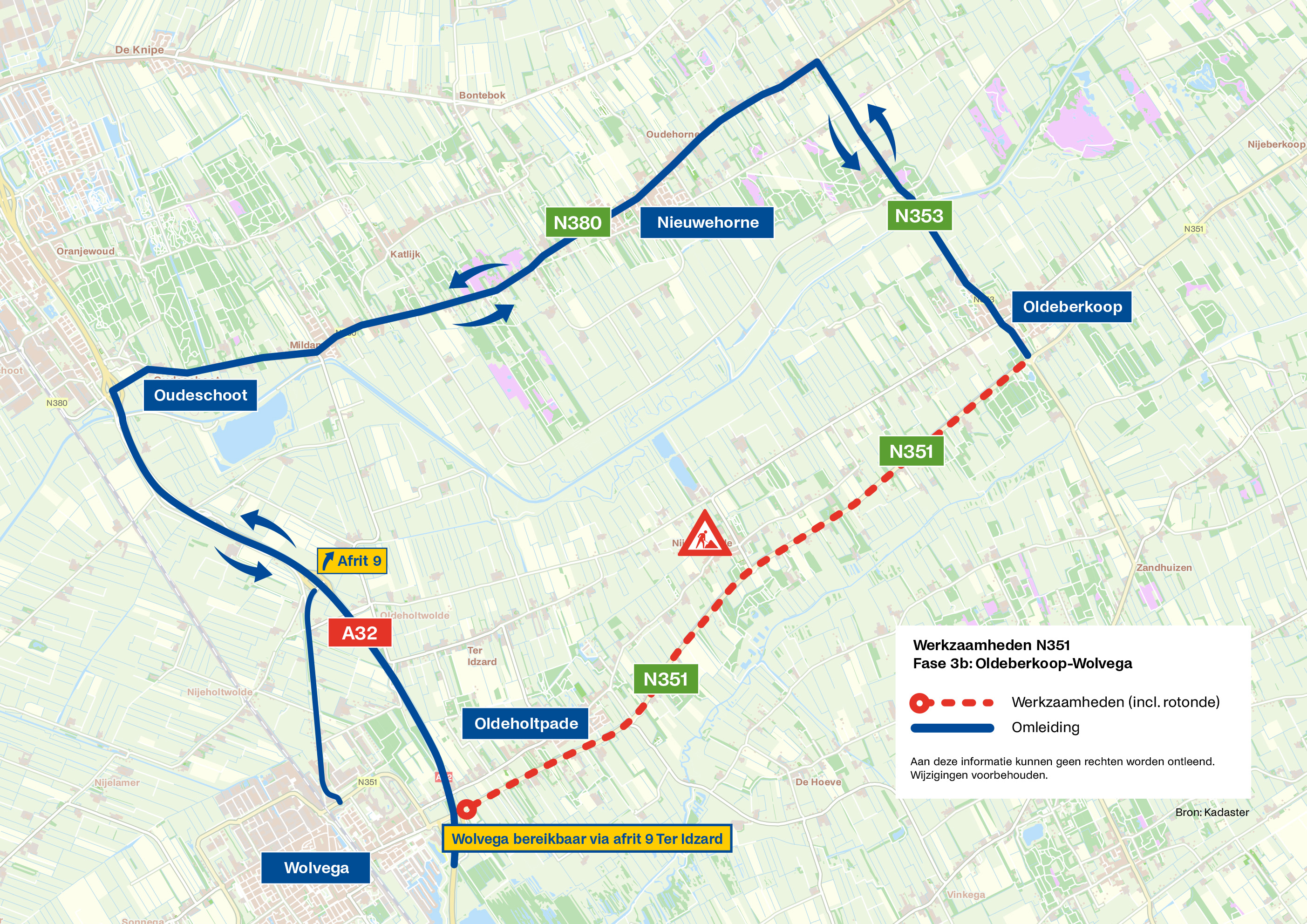 Bovenaanzicht van de omleiding in aaneengesloten lijn. De stippellijn geeft de werkzaamheden aan.