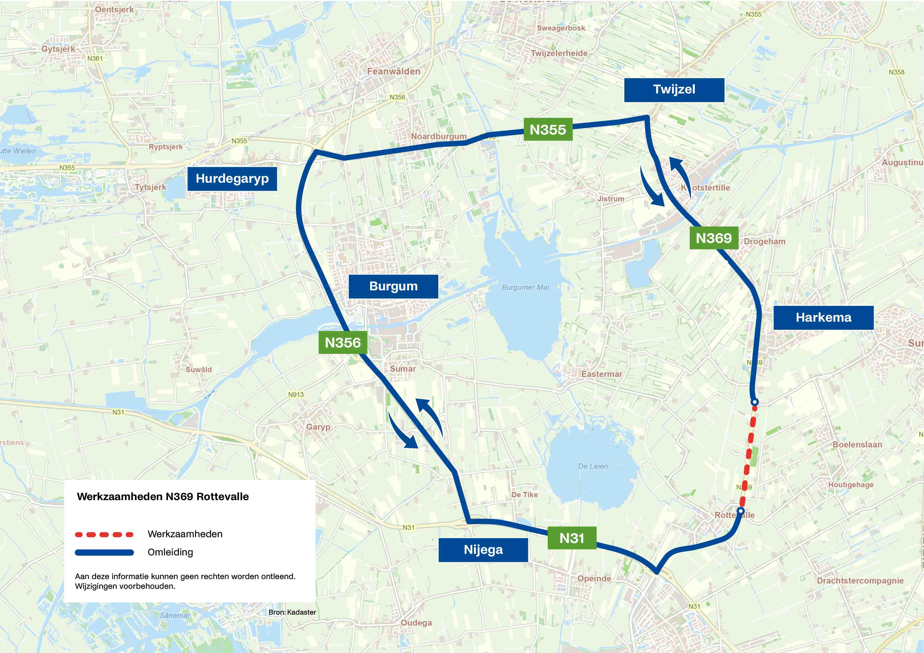 Kaart waarop de omleidingsroute aangegeven wordt met doorlopende streep. De stippellijn geeft de werkzaamheden aan.
