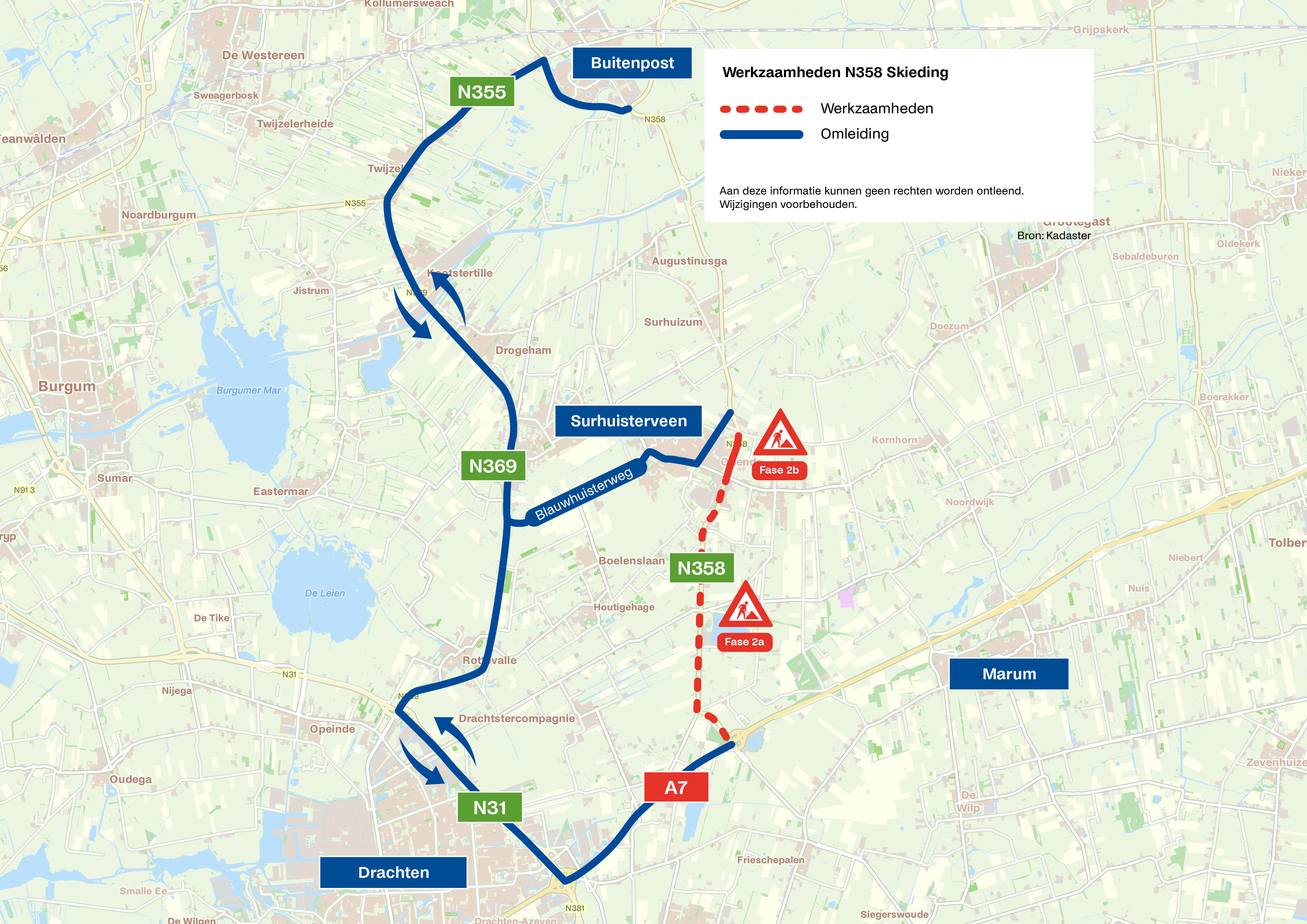 Een kaart waar de omleiding in doorlopende streep wordt aangegeven en de stremming in stippellijn.