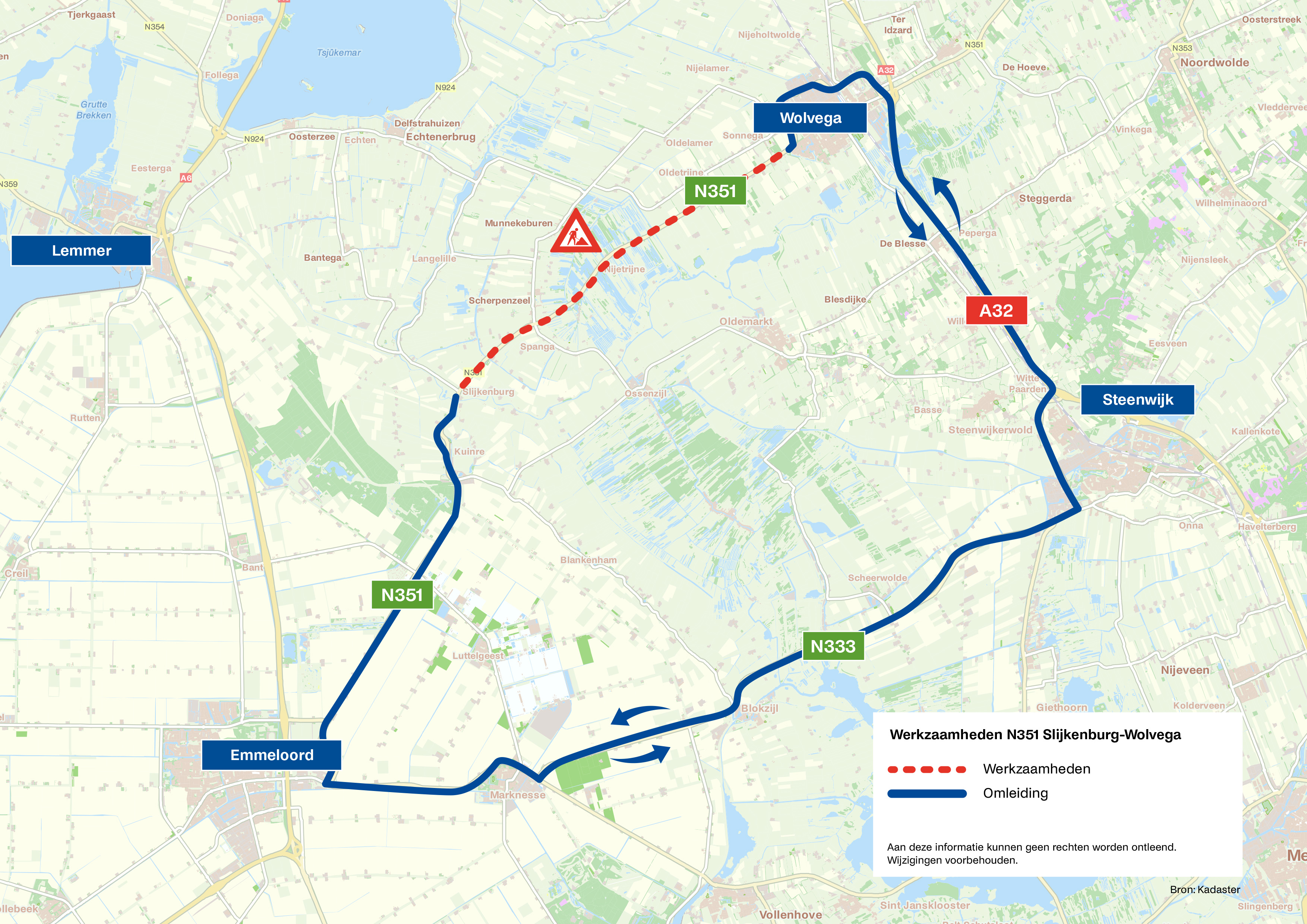 Bovenaanzicht van de stremming in stippellijn en de doortrokken lijn geeft de omleiding aan.