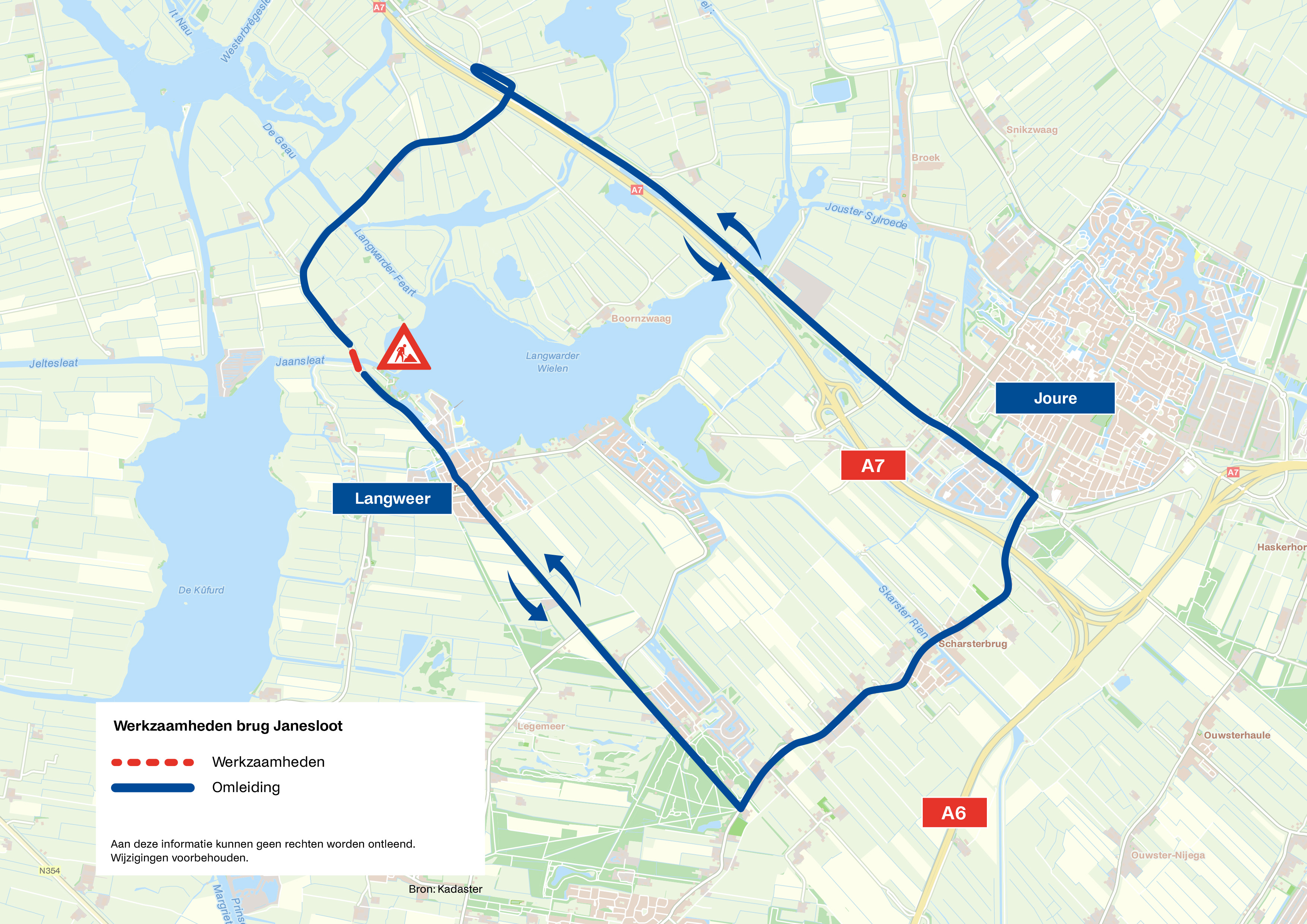 Bovenaanzicht van de omleiding. In stippellijn wordt de stremming aan de brug aangegeven.