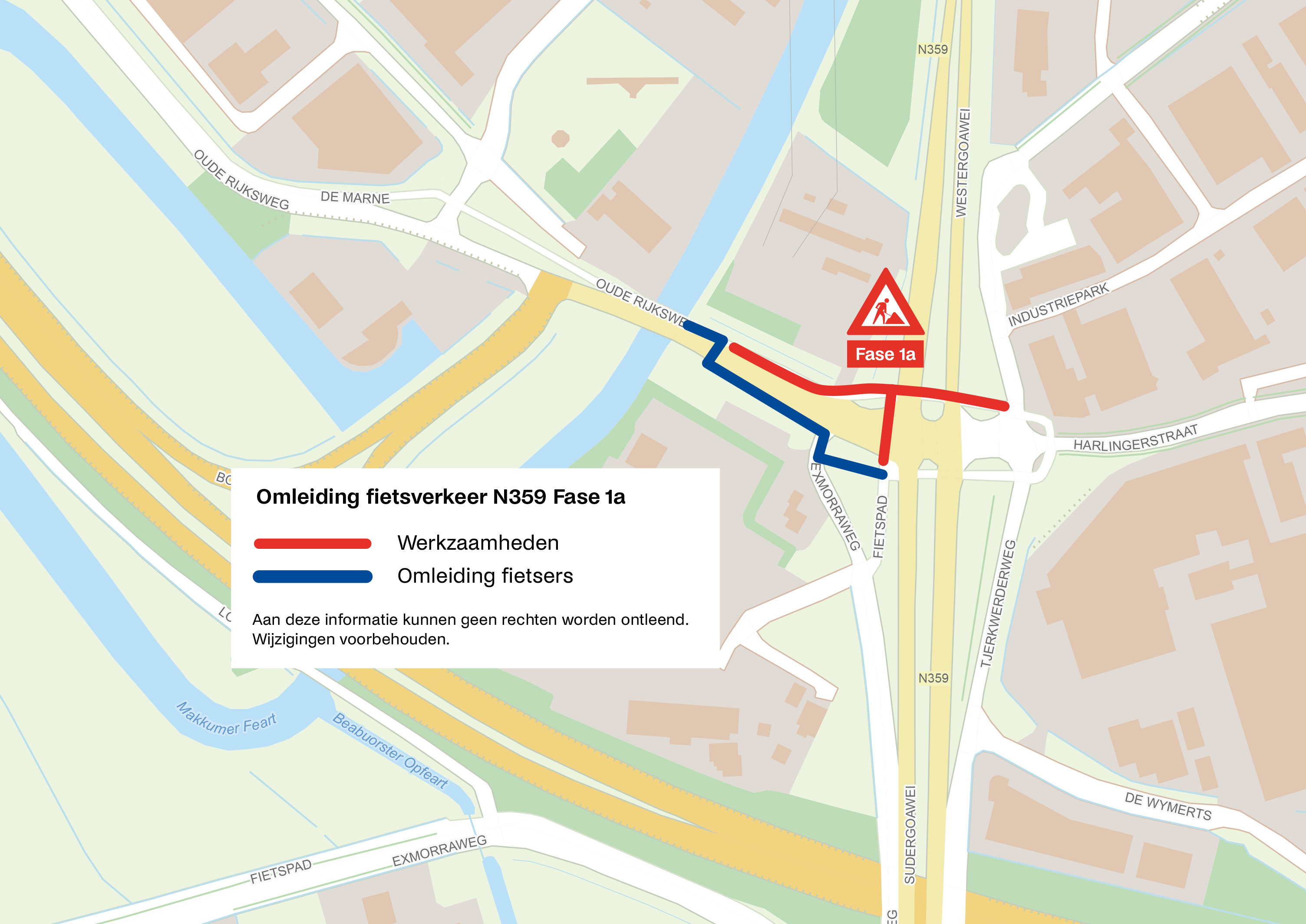Kaartje waar de omleiding en de werkzaamheden op aangegeven staat.