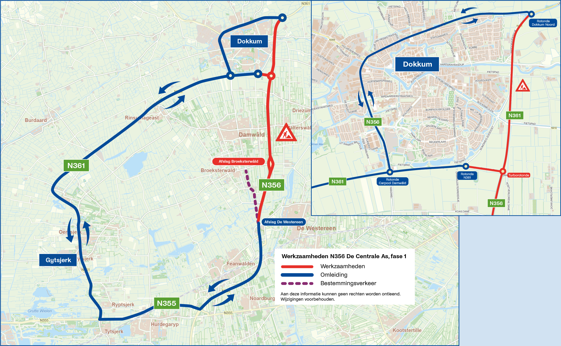 Kaartje waarop de stremming en de omleiding op aangegeven is.