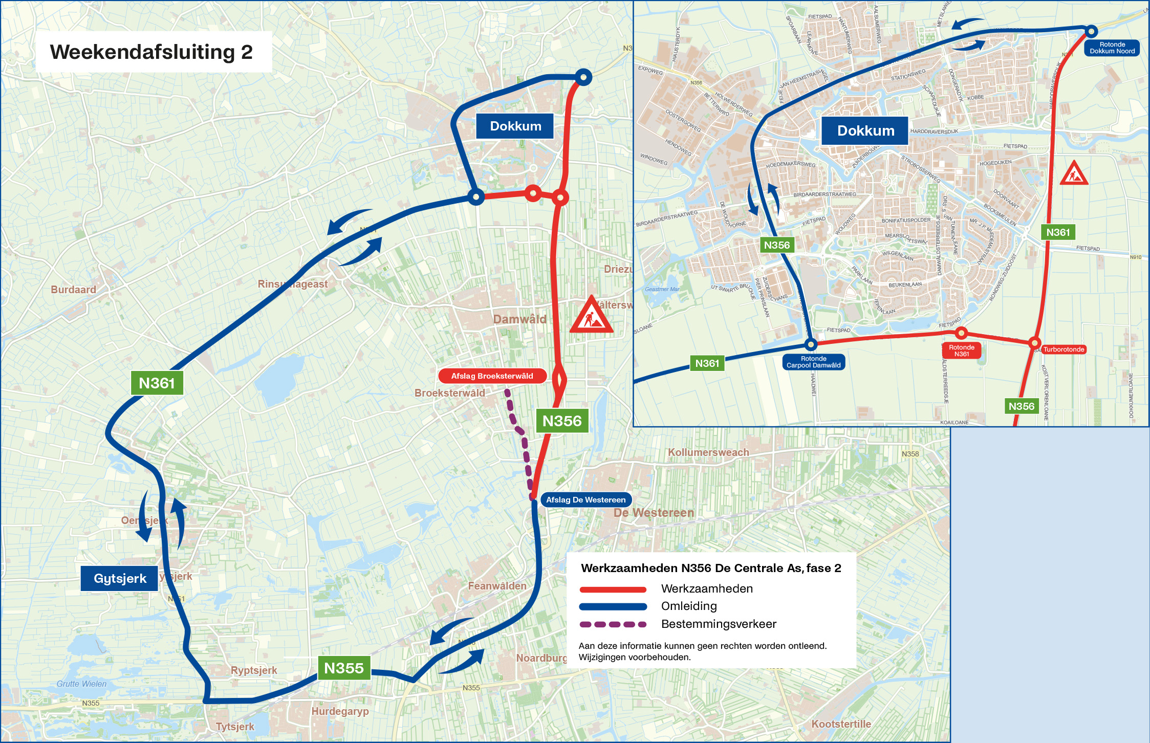Kaartje waarop de stremming en de omleiding op aangegeven is.